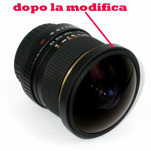 MODIFICA  obiettivo FISH-EYE = 8 mm Samyang ,  togliere paraluce