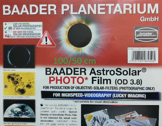 Filtro Baader solare AstroSolar fotografico densità ND=3.8. Foglio da 100x50cm
