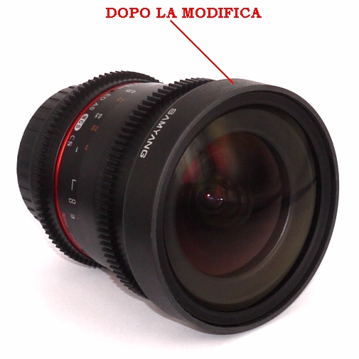 MODIFICA  obiettivo T3.1 mm / 10mm Samyang , togliere paraluce