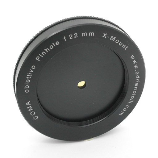Obiettivo foro stenopeico, pinhole con focale 22mm per fotocamere Fuji X mount 